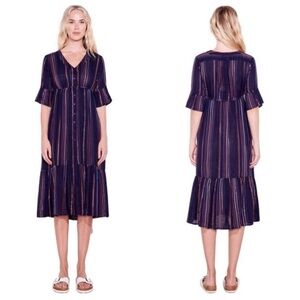 Sundry Navy Striped Metallic Ruffle Midi Boho Peasant | Size M